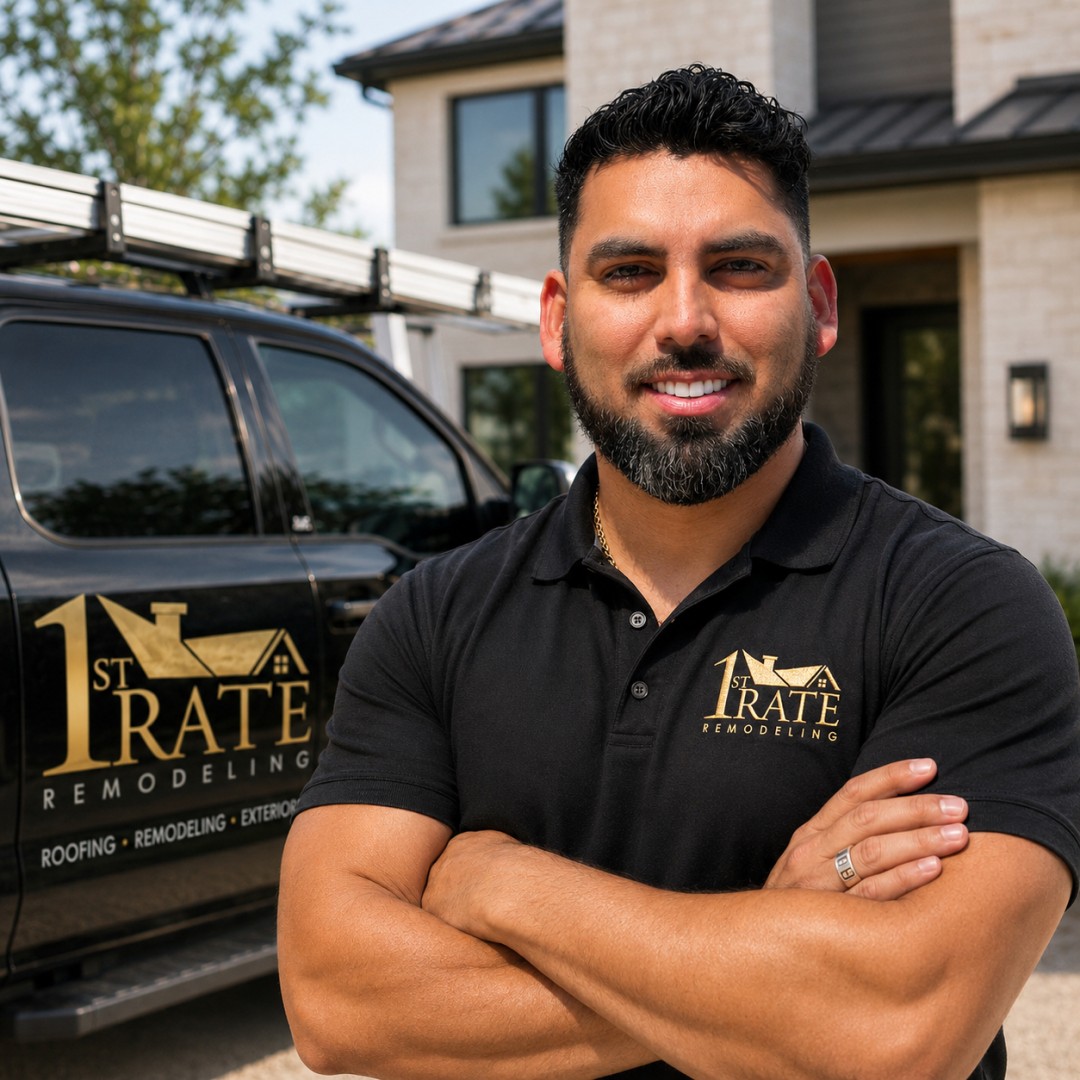 Smiling man with beard in black polo stands with arms crossed by 1st Rate Remodeling truck.